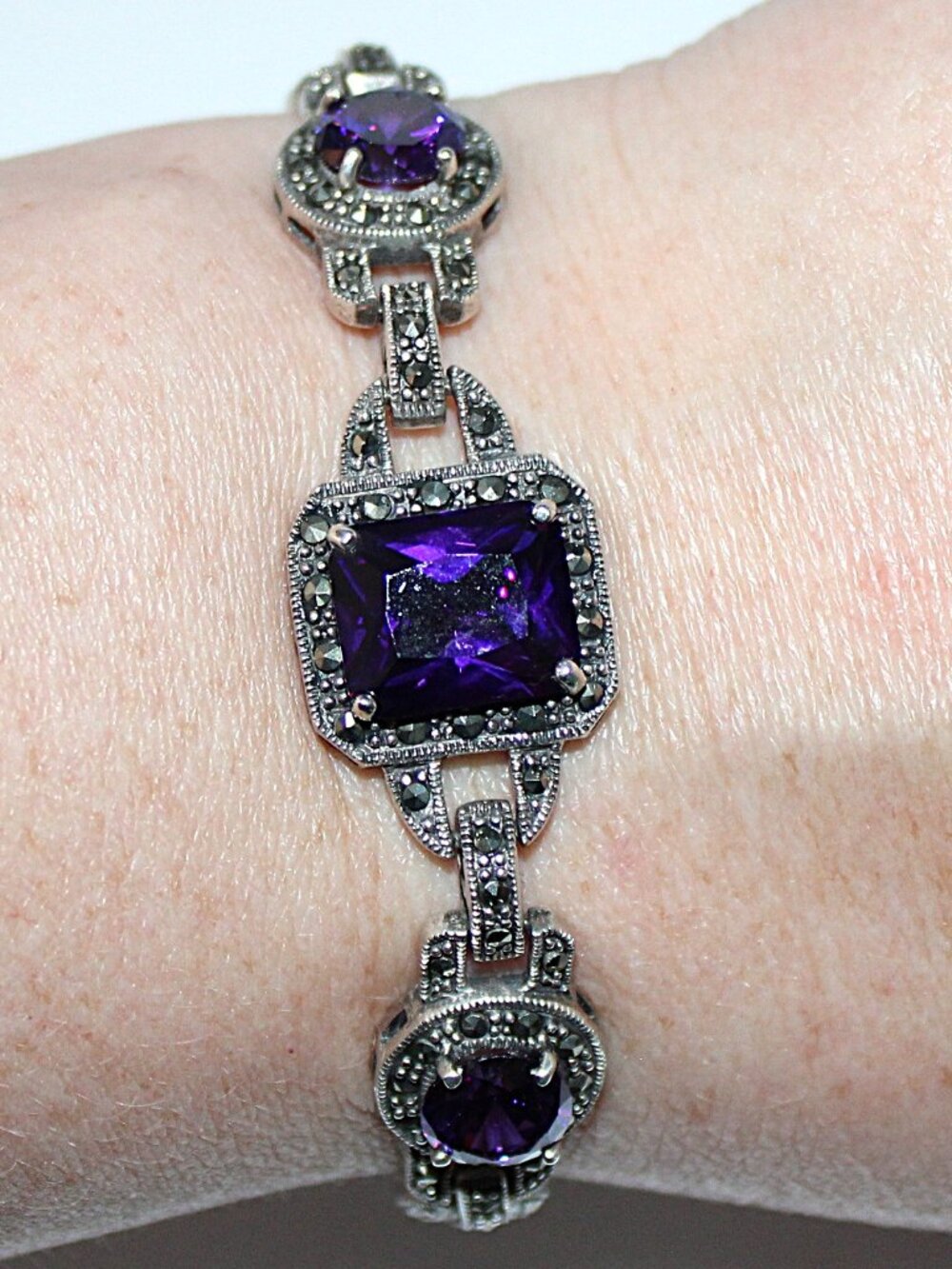 Sterling Silver At Deco Styled Purple Stone Marcasite Bracelet 20 grams 7.5 Inch